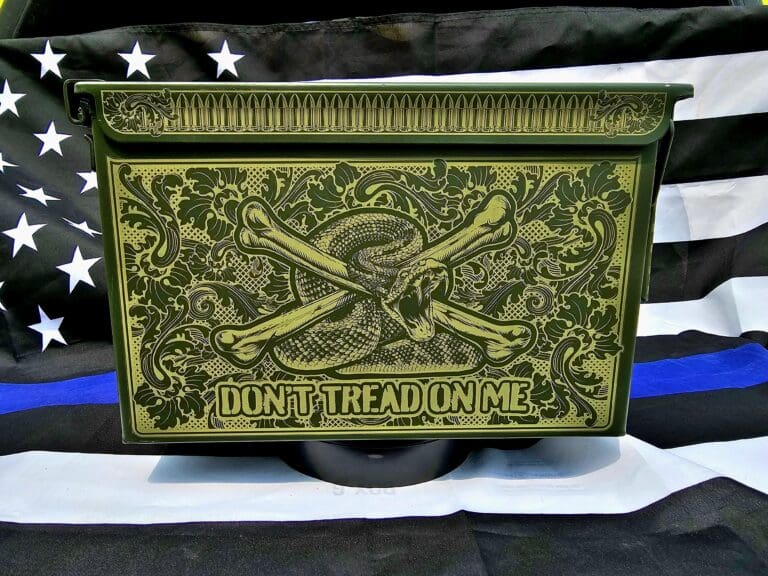 Laser engraved ammo can with tattered American flag and custom name