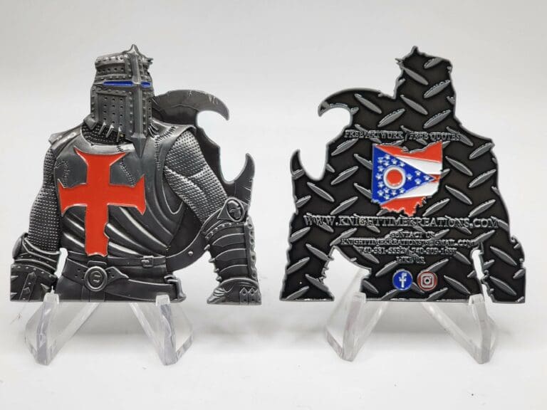 Custom knight challenge coin, front and back, by Knight Time Kreations